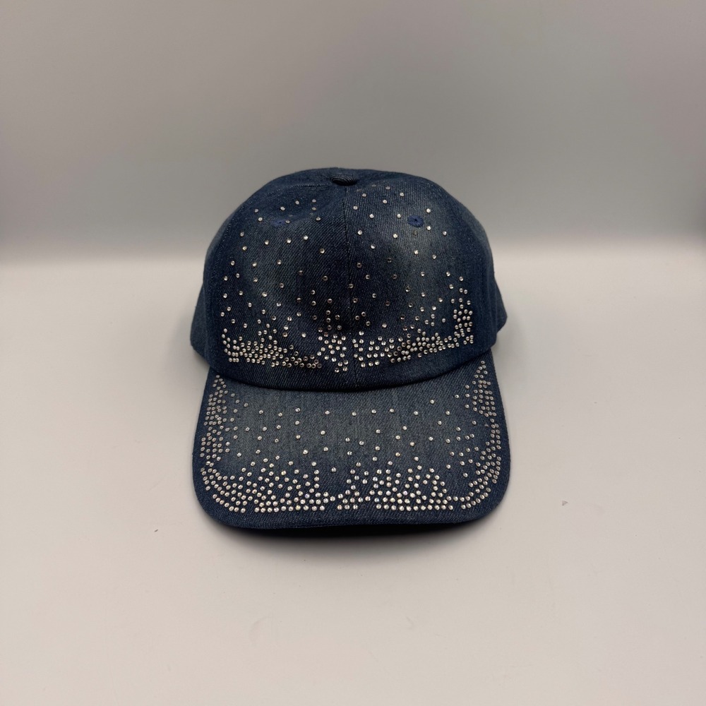 Blue Denim Look Rhinestone Studded Baseball Cap Adjustable Bling Hat Womens